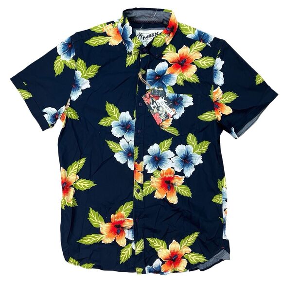 MBX Denim Wear Shirt Mens L Navy Cotton Hawaiian Colorful Button-Down Floral New - Picture 1 of 10